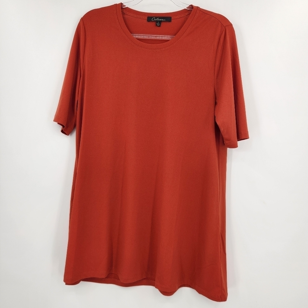 Calessa Short Sleeve Tunic Top Tee Womens Size Large Slinky Burnt Orange